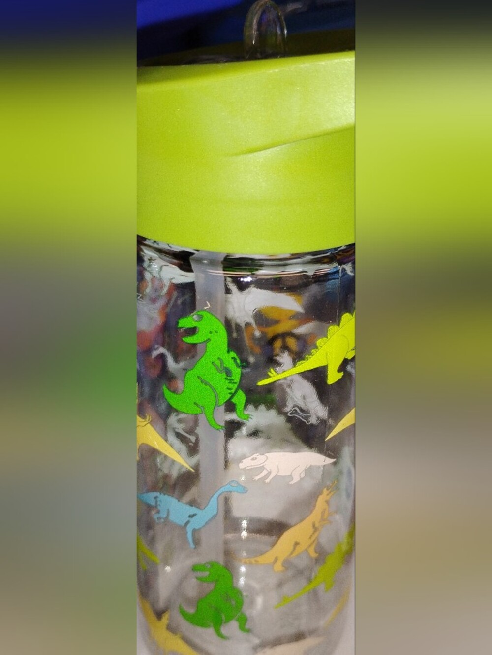 Kids' Reptile-Themed Water Bottle with A Straw and A Greenish-Yellow Lid